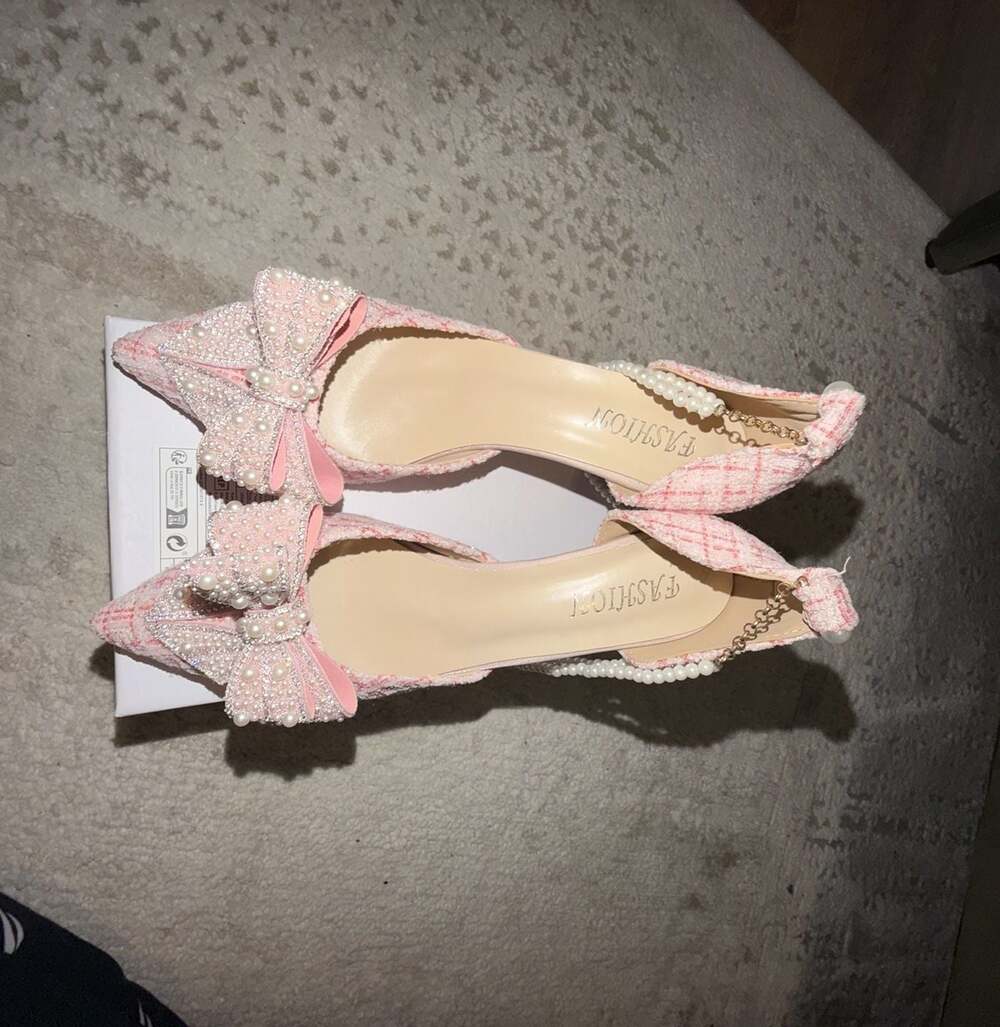 Fashion Pink Tweed Pearl Bow Stiletto Heels